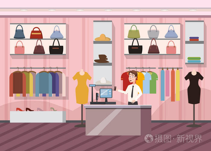 時(shí)裝店超級(jí)市場女裝購物商場內(nèi)橫幅與復(fù)制空間卡通矢量插畫